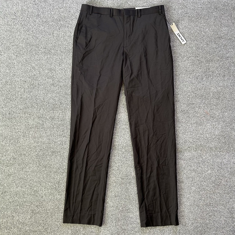 DKNY Pant Men 36 X34 Black Wool Blend Stretch Flat Front Trouser Suit Separate 1